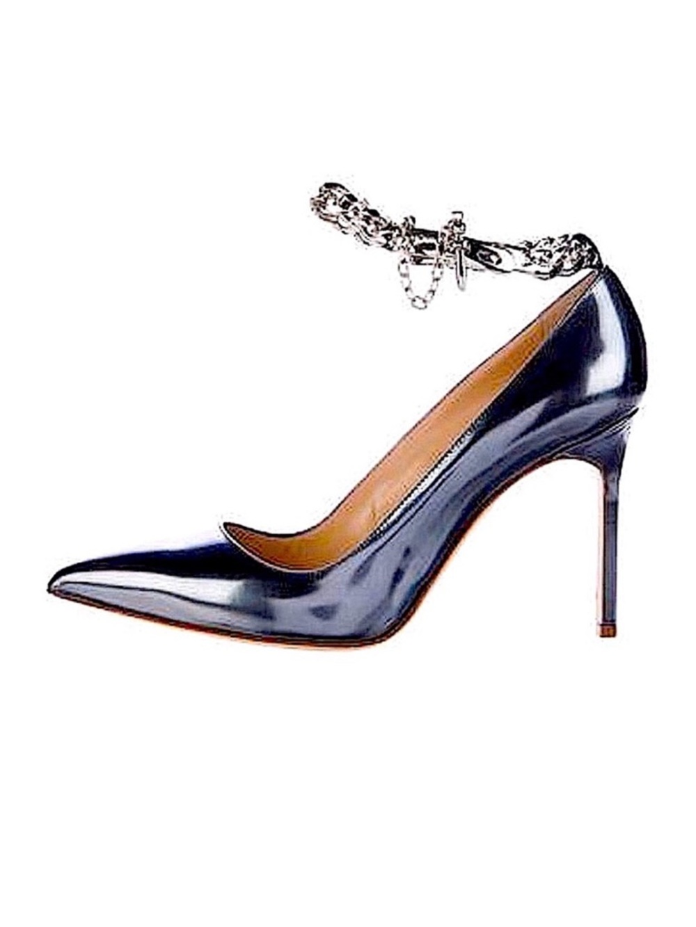 Manolo Blahnik BB Metallic Patent Leather & Chain Ankle-Strap Pumps sz 40